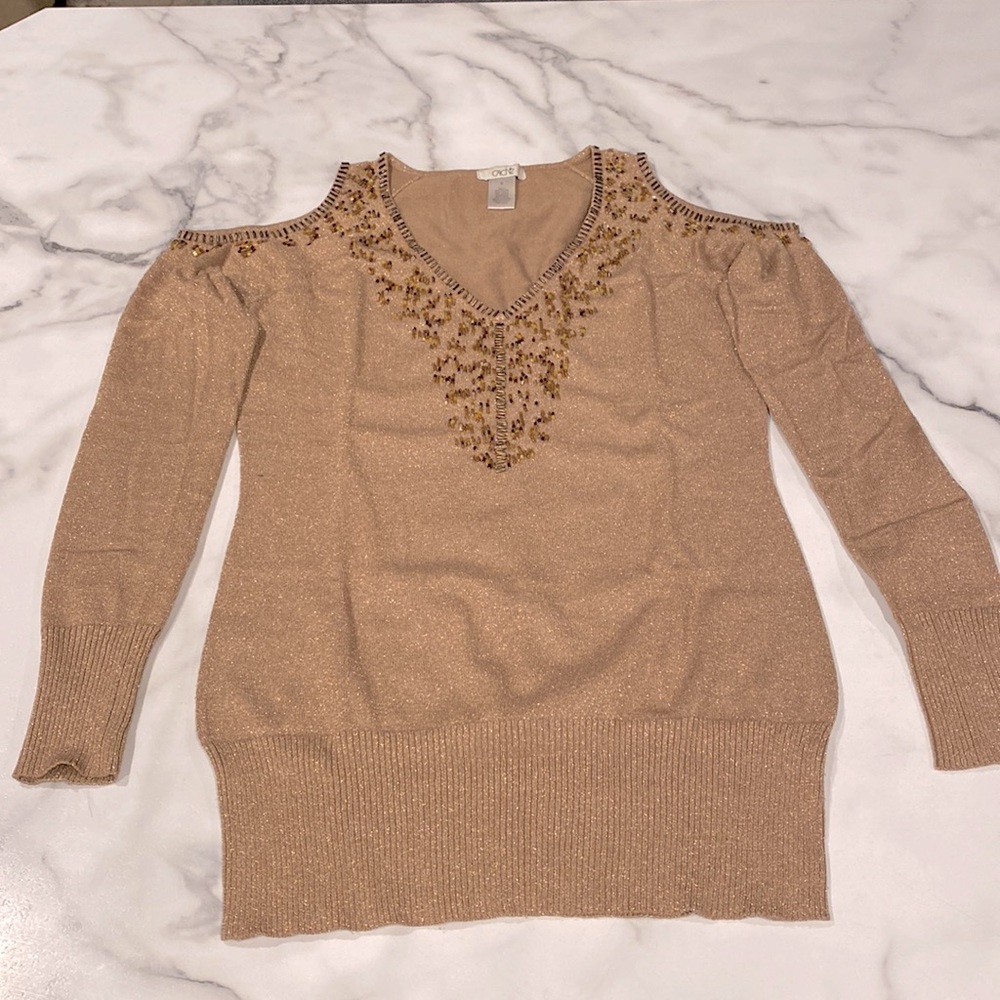 🔥CACHE Cold Shoulder, Beaded V-Neck Sweater